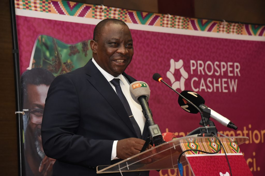 Côte d’Ivoire’s Minister of Agriculture, Kobenan Kouassi Adjoumani, speaks at the Prosper Cashew launch event in Abidjan
